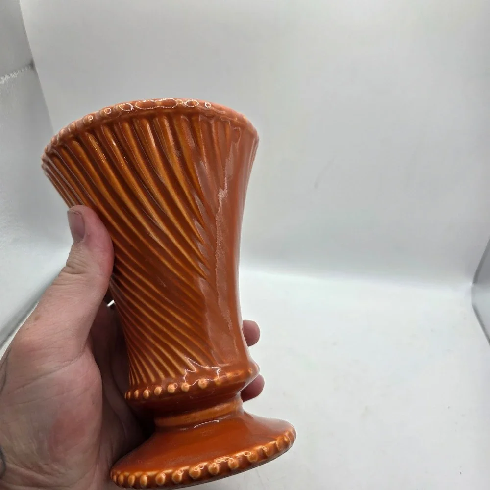 McCoy USA Pottery Burnt Orange Spiral Ribbed Beaded Trumpet Vase MCM